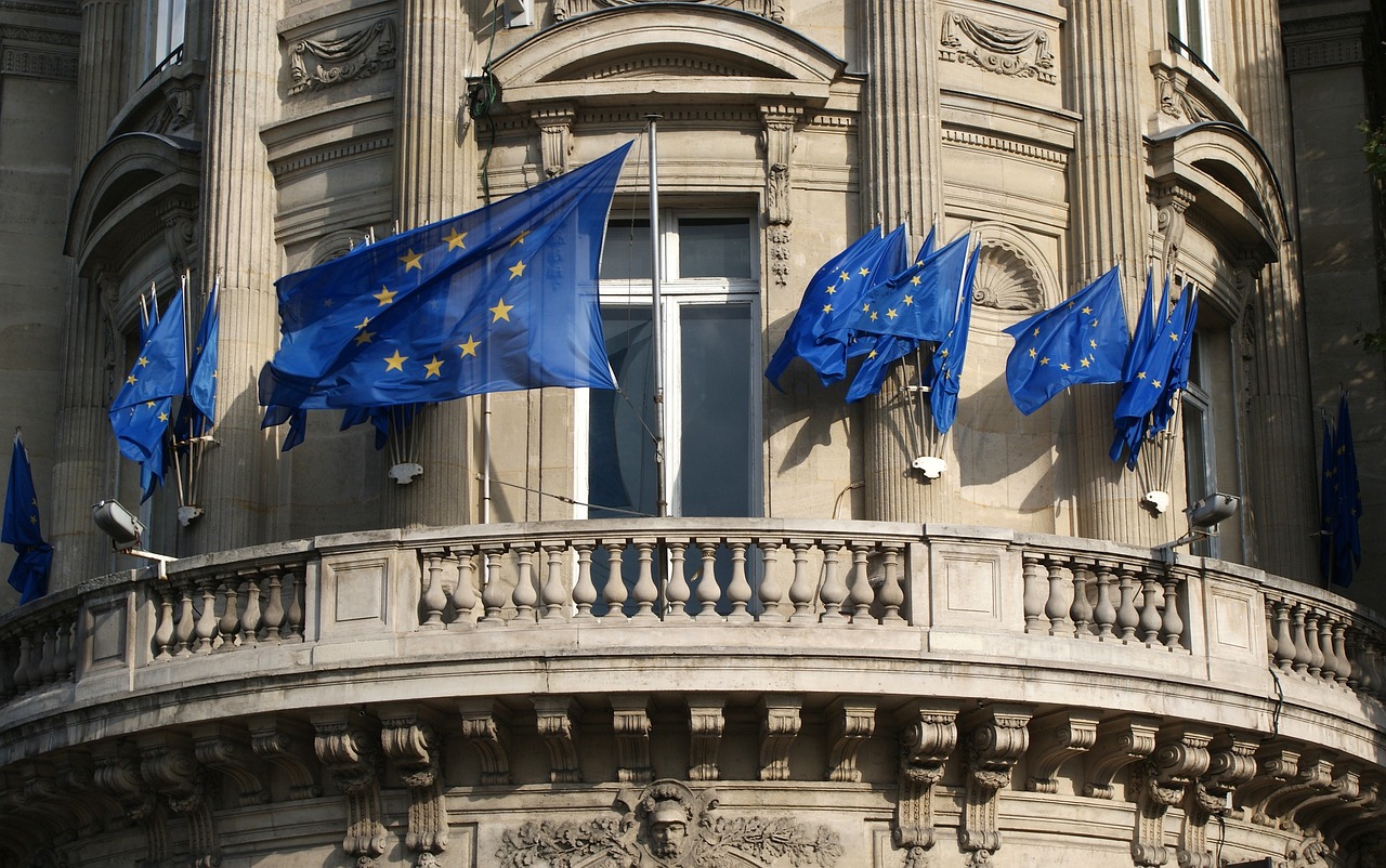 building, european union flags, balcony